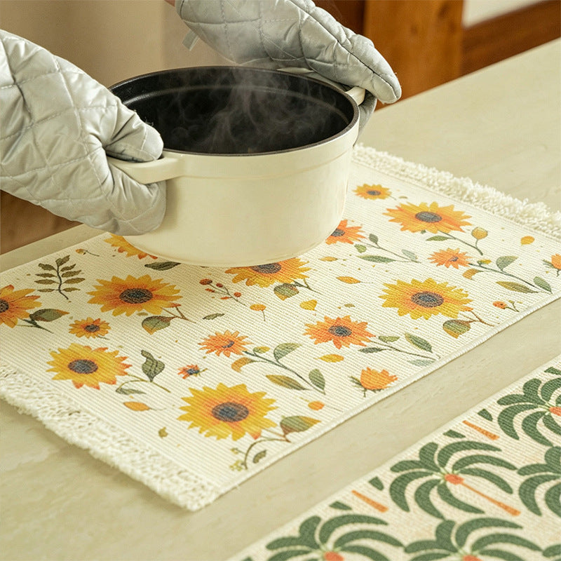 Woven living and beach rug with palm jacquard and decorative fringes Stornfield