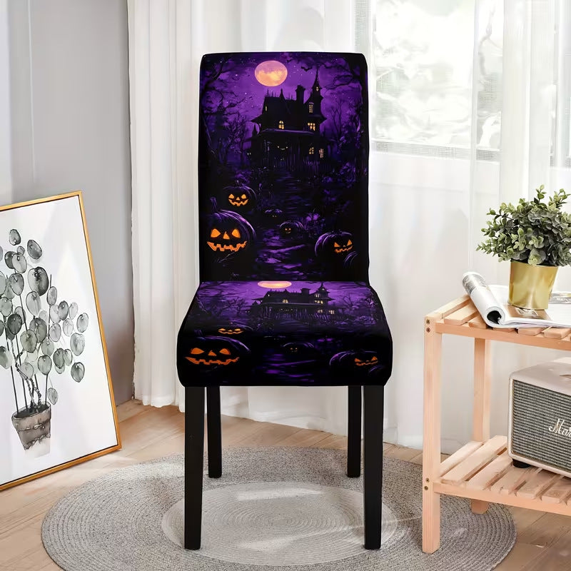 Elastic chair cover with Halloween castle and witch motif, stretchable chair cover for backrest and seat