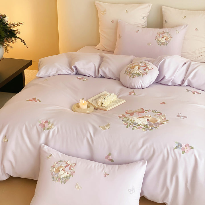Pastel Botanical Embroidered Duvet Cover Set with Decorative Round Cushion