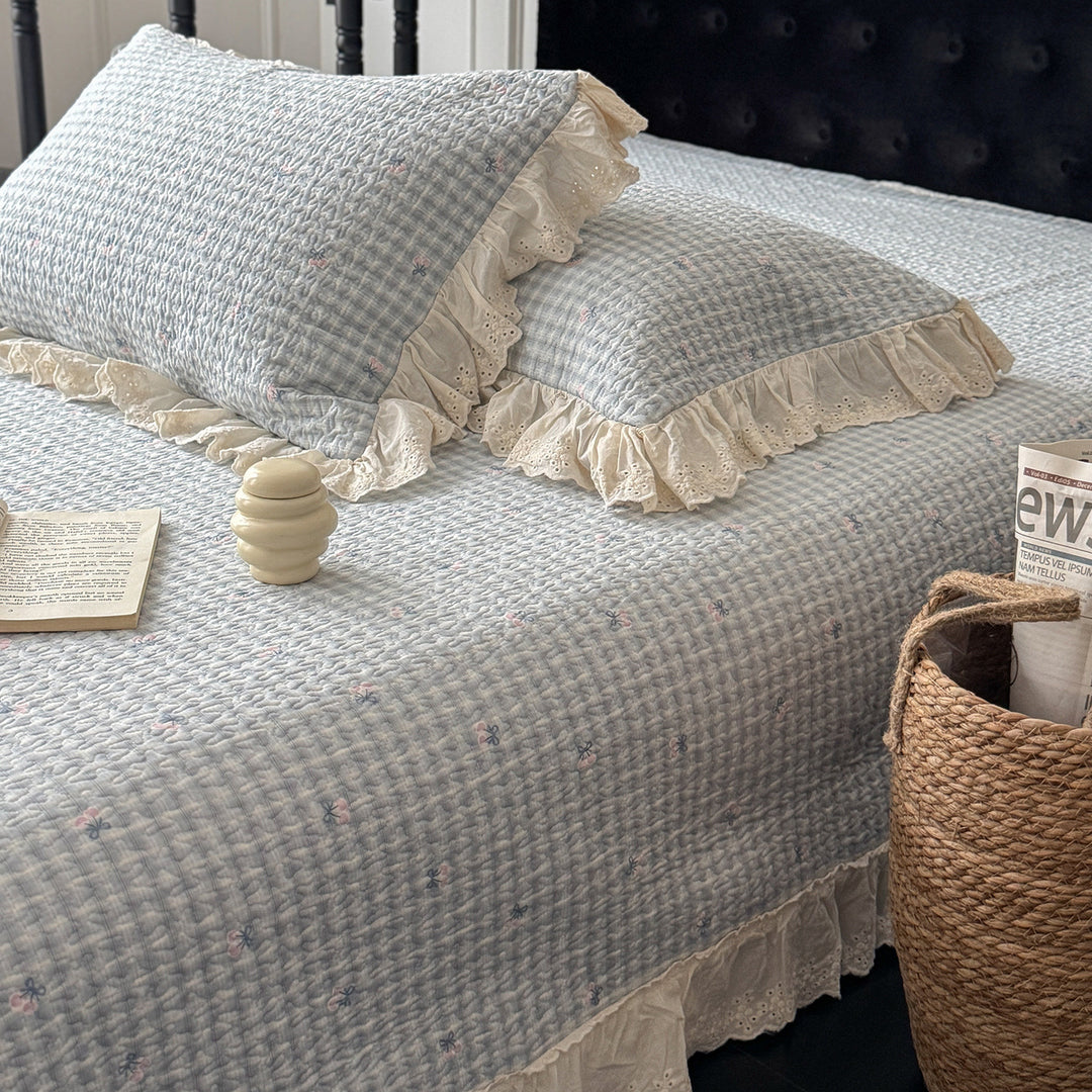 Quilted Ruffled Eyelet Lace Bedspread with Matching Frilled Pillow Shams