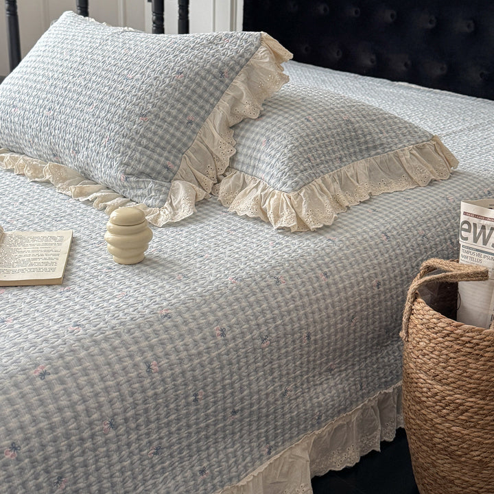 Quilted Ruffled Eyelet Lace Bedspread with Matching Frilled Pillow Shams