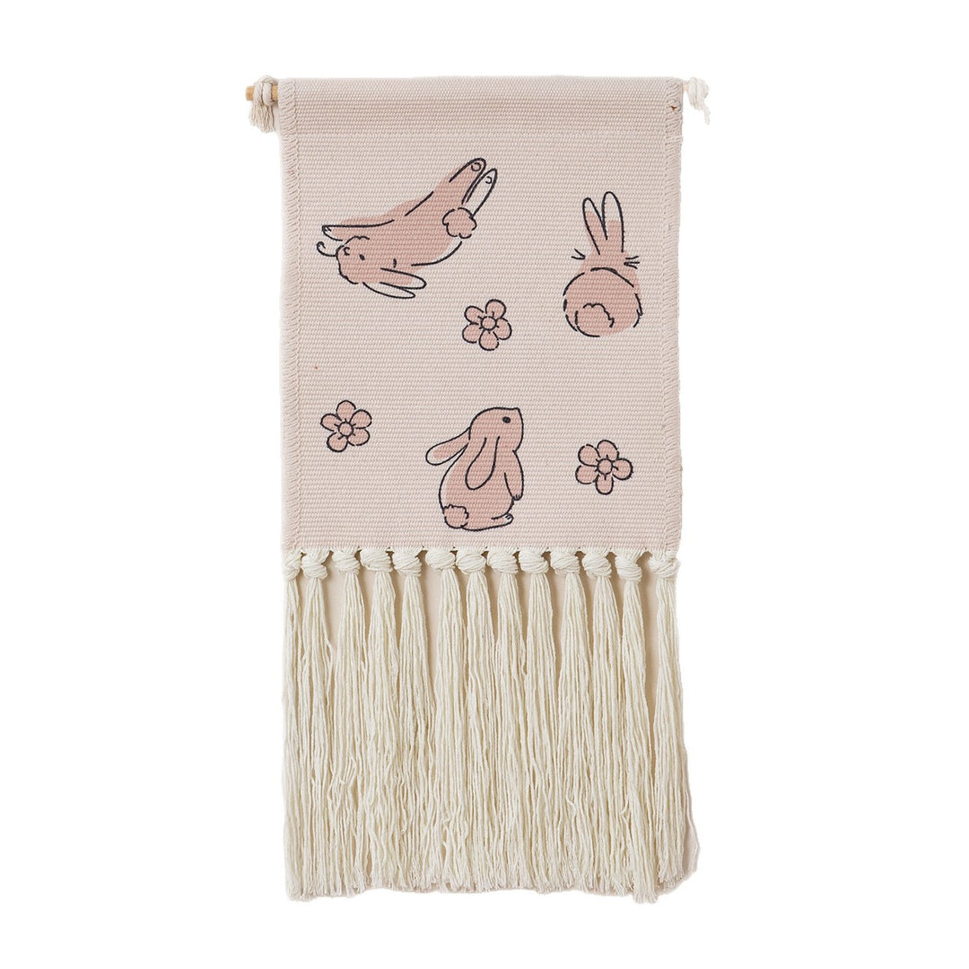 Woven wall hanging with hand-knotted fringes and bunny motif