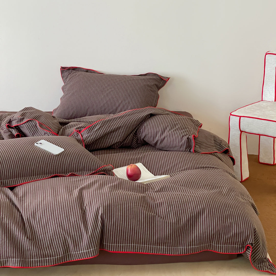 Pinstripe Cotton Sateen Duvet Cover Set with Contrasting Piped Edge