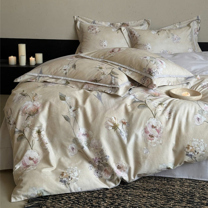 Cotton Sateen Watercolor Floral Duvet Cover Set with Piped Pillow Shams