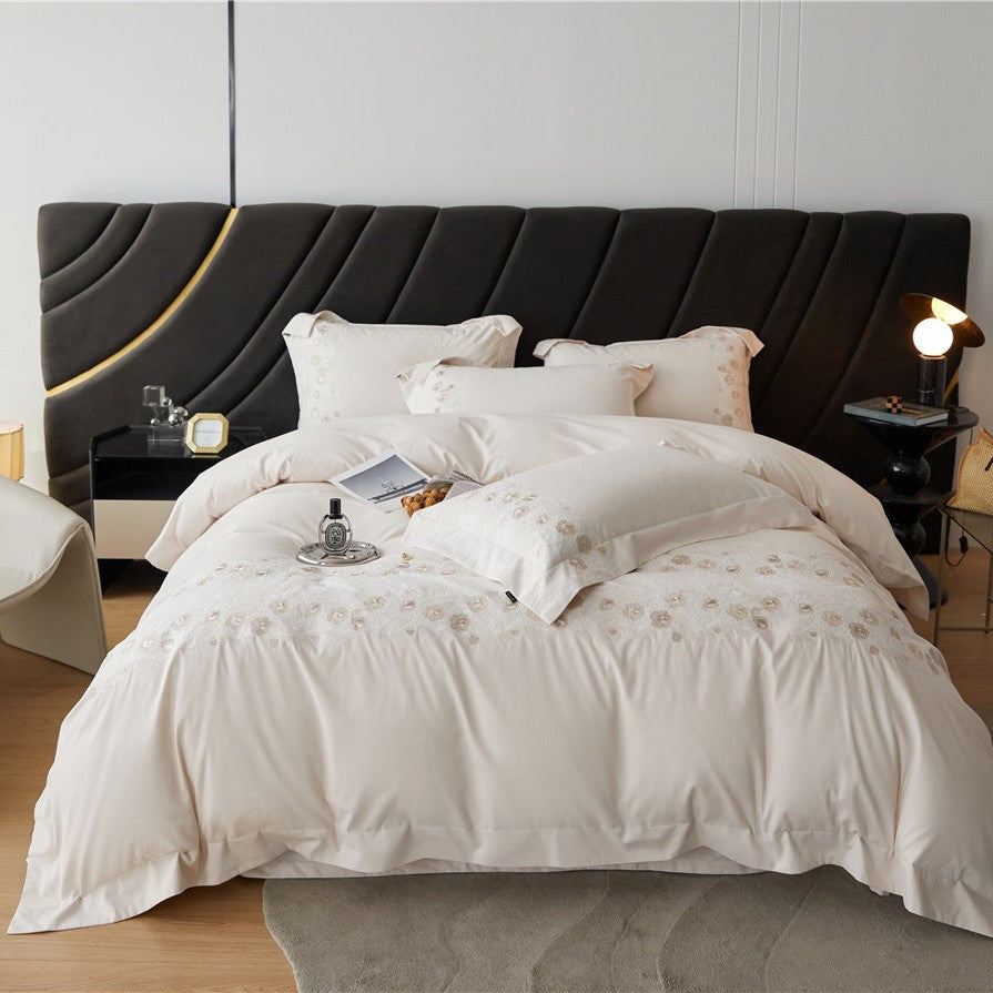 Lace-Edged Cotton Duvet Cover Set with Embroidered Panel and Pillow Shams