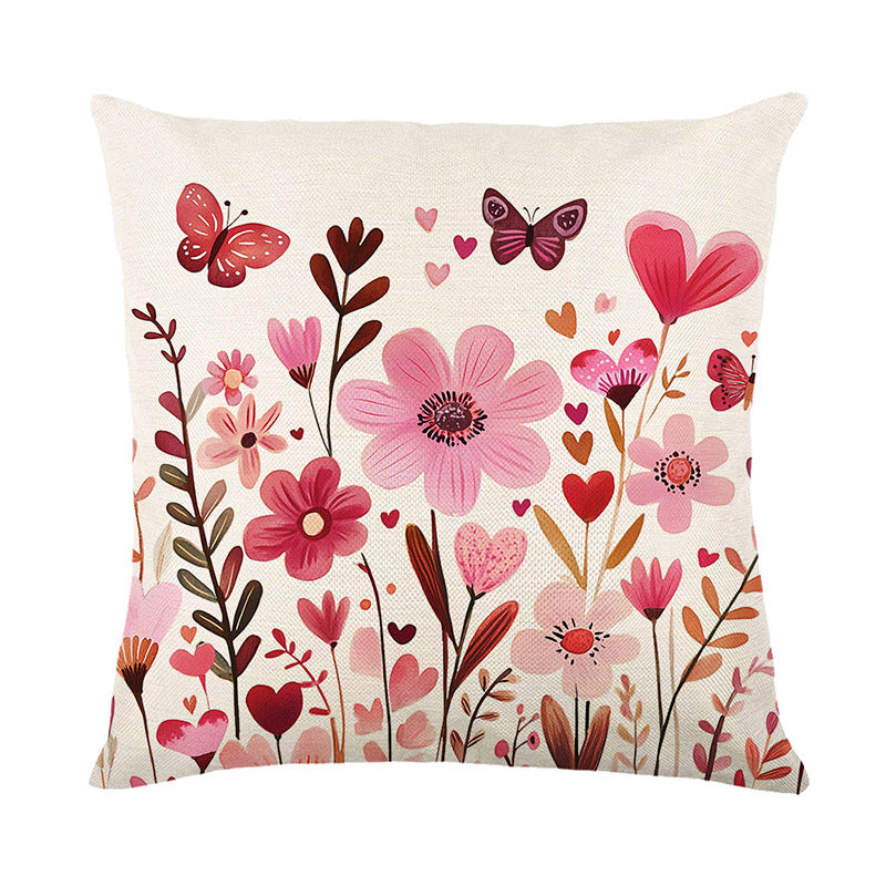 Decorative Floral Heart Pattern Throw Pillow Cover with Butterfly Motif Linen-Texture