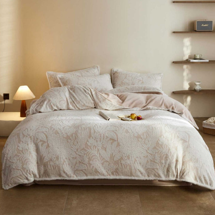 Botanical Jacquard Quilted Cotton-Blend Duvet Cover Set with Brushed Microfleece Reverse and Piped Pillow Shams