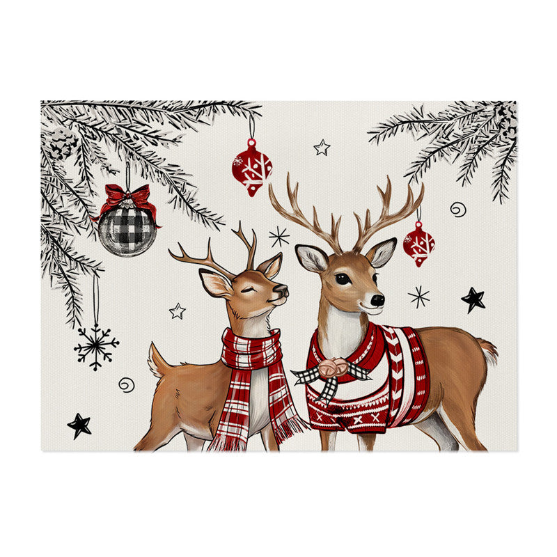 Decorative Rectangular Cotton-Linen Holiday Tablecloth with Repeating Hand-Painted Christmas Tree Motif