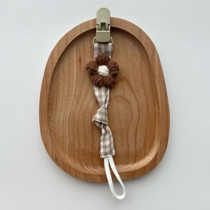 Pacifier and Teether Clip with Wooden Safety Clip and Crochet Flower