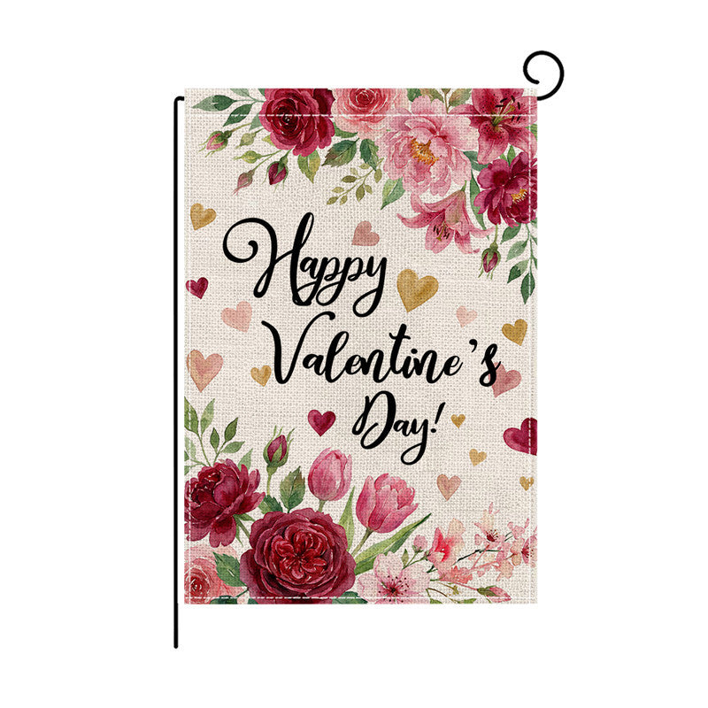 Double-Sided Burlap-Texture Rose Heart Wreath Welcome Garden Flag