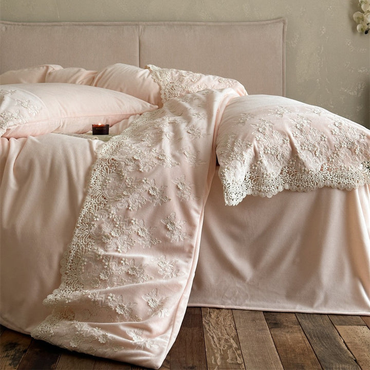 Luxurious cotton satin bedding set with fine lace embroidery