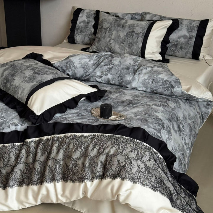 Elegant Satin-Blend Duvet Cover Set with Ruffle Trim, Lace Appliqué Band & Reversible Botanical Print Pillow Shams