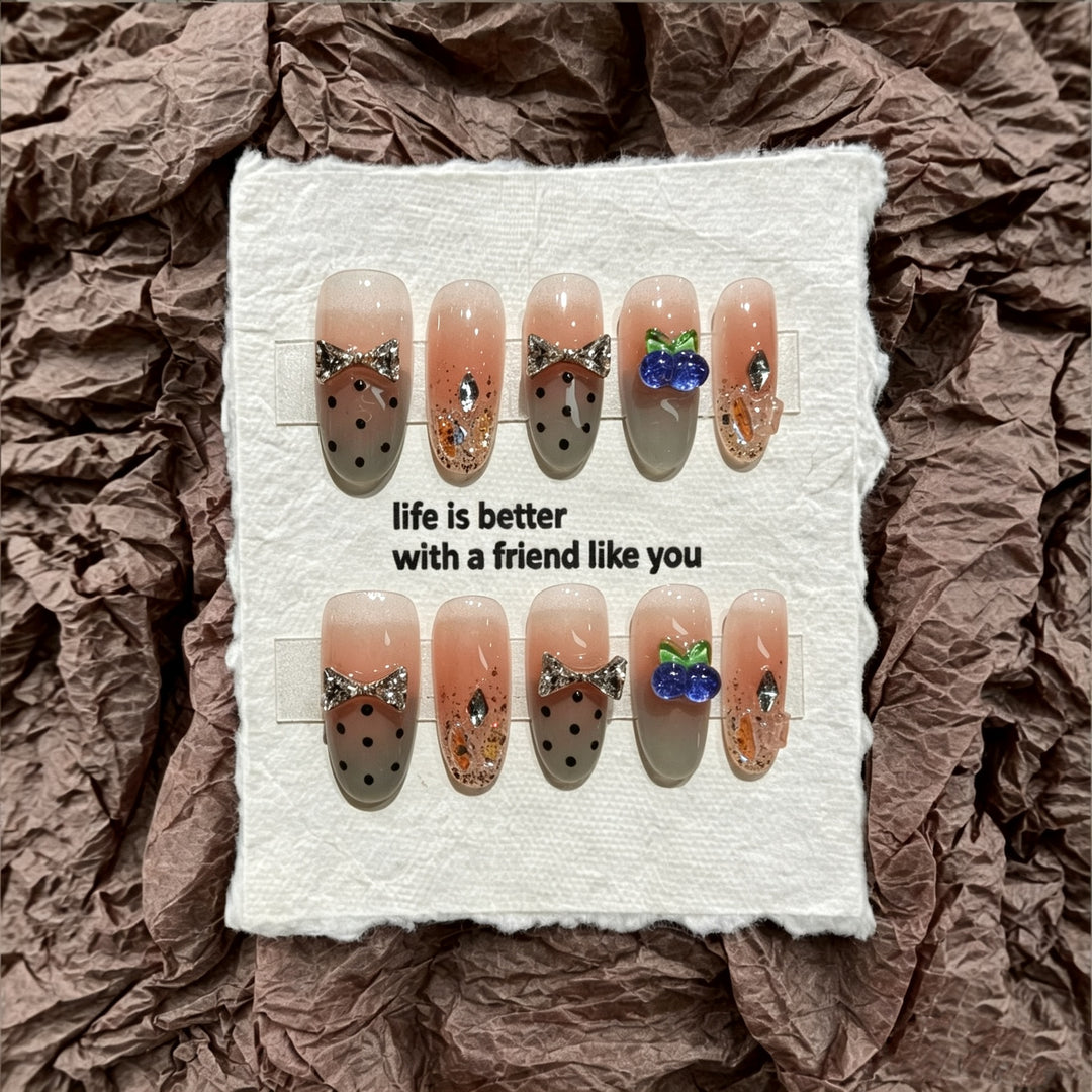 Decorative Press-On Nail Set with Bow and Gem Accents