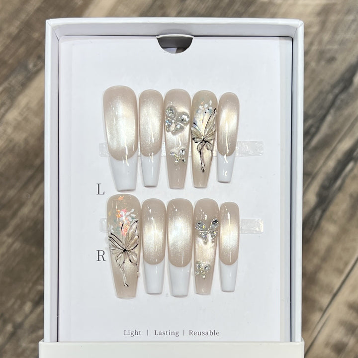 Elegant Press-On Nail Art Set with Butterfly and Jewel Accents Stornfield