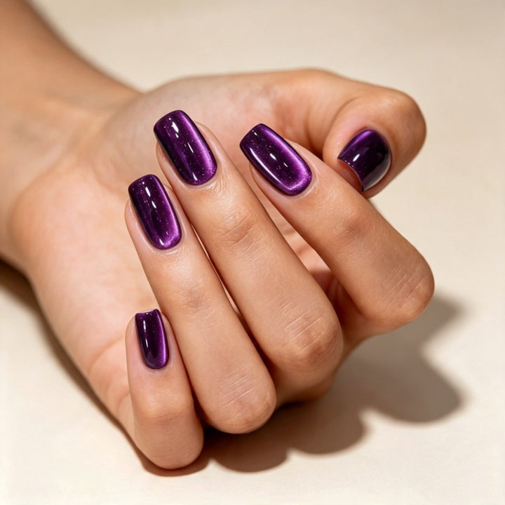 Artificial nails with glossy metallic finish and striking ombre effects Stornfield