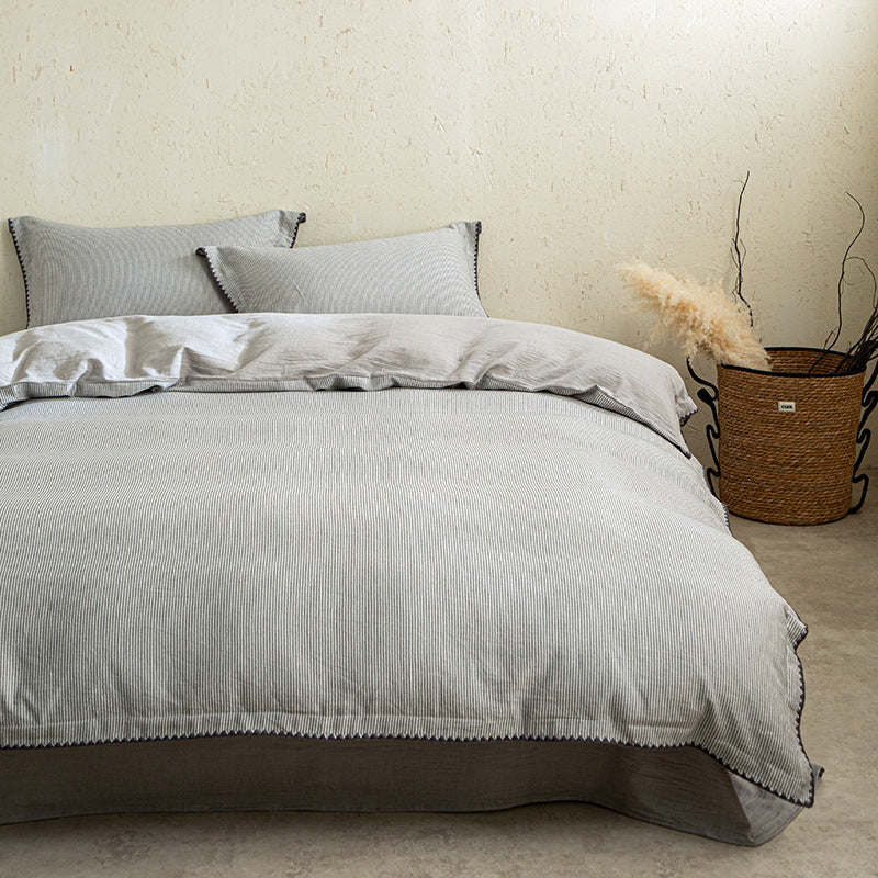 Linen-Cotton duvet cover set with fine striped texture and decorative trim