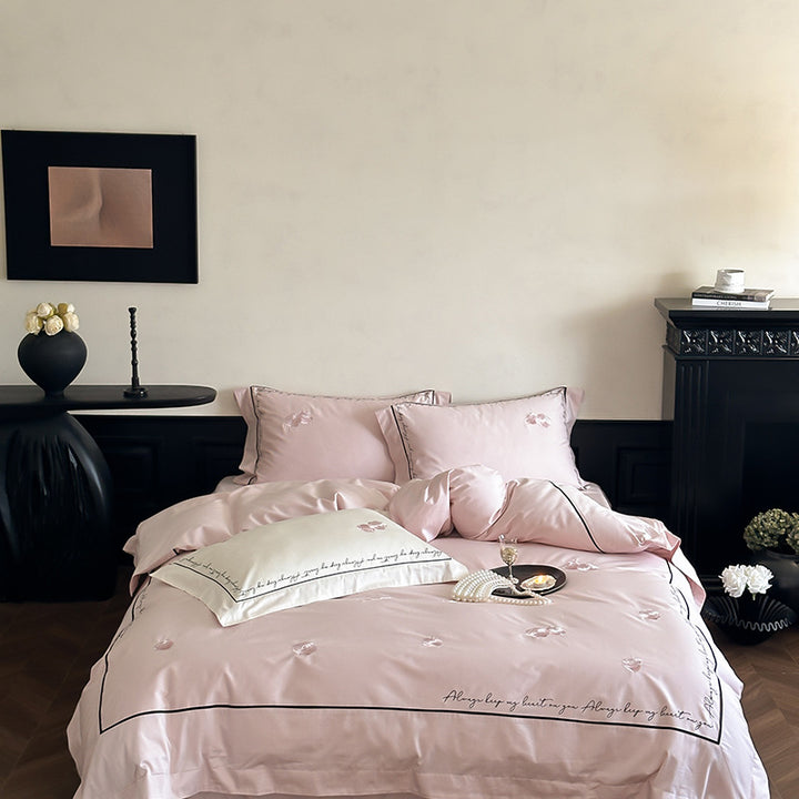 Reversible Silk-Feel Petal-Print Duvet Cover Set with Script-Edge Pillow Shams