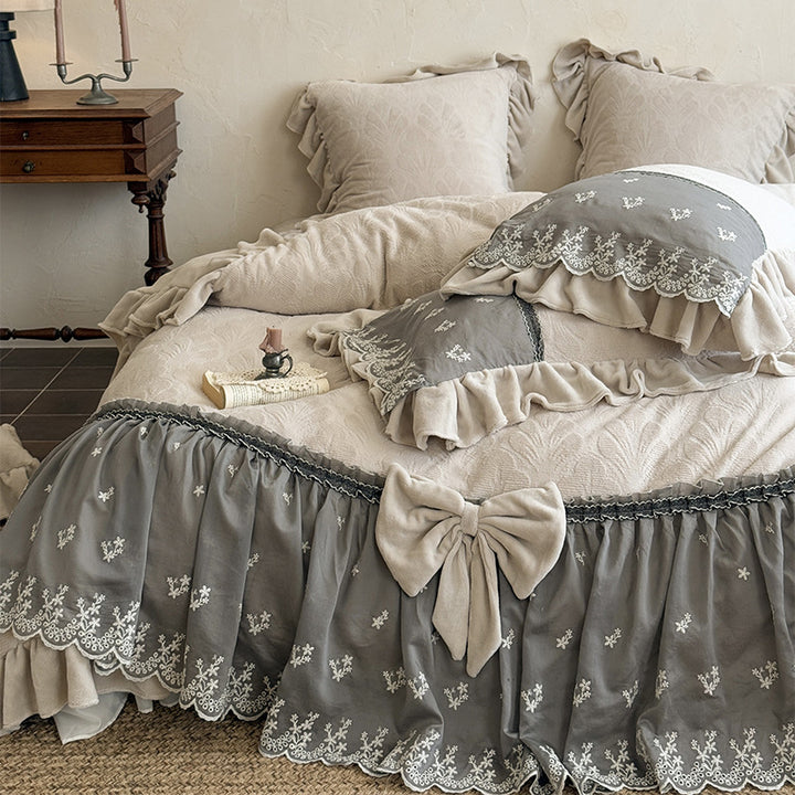 Luxury Ruffled Velvet-Jacquard Duvet Cover Set with Embroidered Lace Skirt & Bow