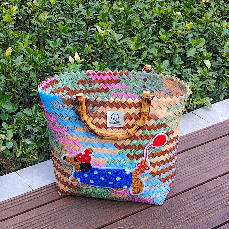 Handcrafted basket bag with colorful animal design Stornfield