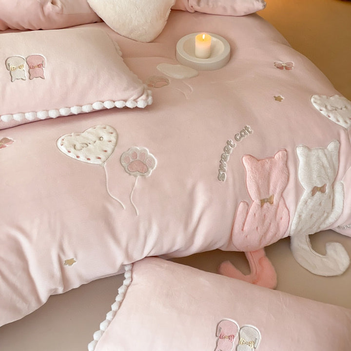 Plush Embroidered Cat Appliqué Duvet Cover Set with Pom-Pom Trim and Heart Throw Pillow