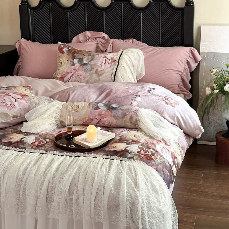 Romantic floral cotton satin bedding set with lace ruffle and decorative bed cover