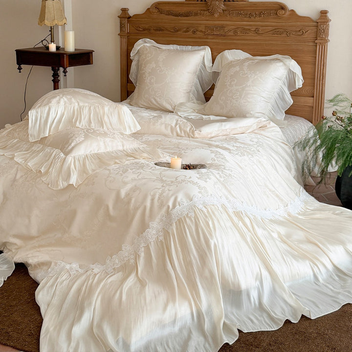 Romantic Pleated Silk-Feel Duvet Cover Ensemble with Lace-Edged Floor-Length Skirt