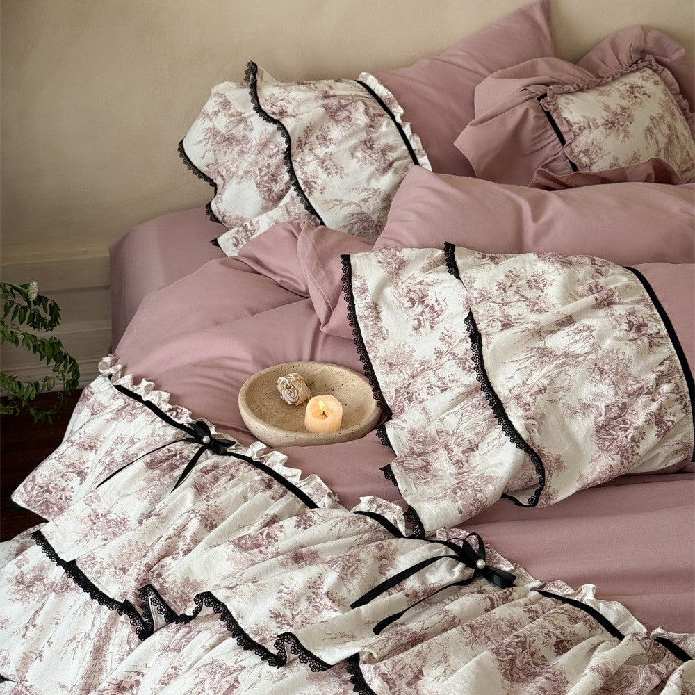 Romantic Ruffled Bedding Set with Vintage Toile Motif, Ruffles and Bedskirt
