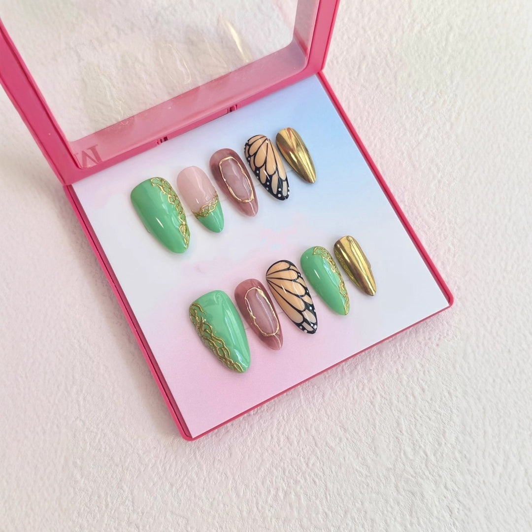 Artistic Press-On Nail Set with Elegant Butterfly and Floral Accents