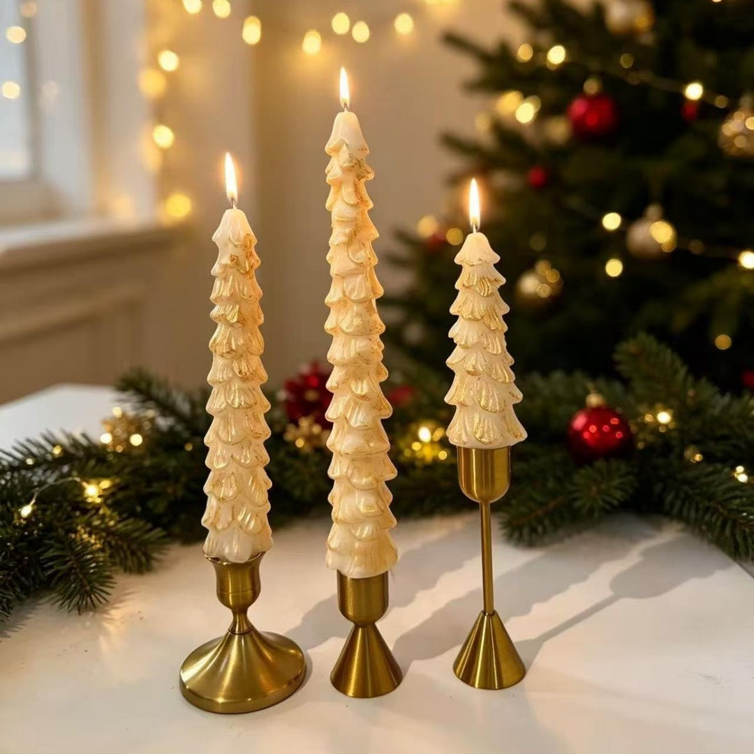 Festive Sculpted Pine Taper Candle Trio with Brass Holders