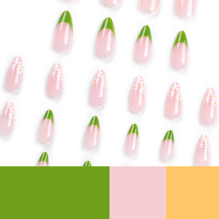 Artificial nails with floral accents and green French tip Stornfield