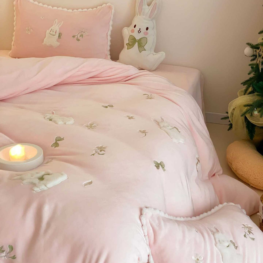 Pastel Embroidered Bunny Plush-Accent Cotton Duvet Cover Set with Scalloped Pillow Shams