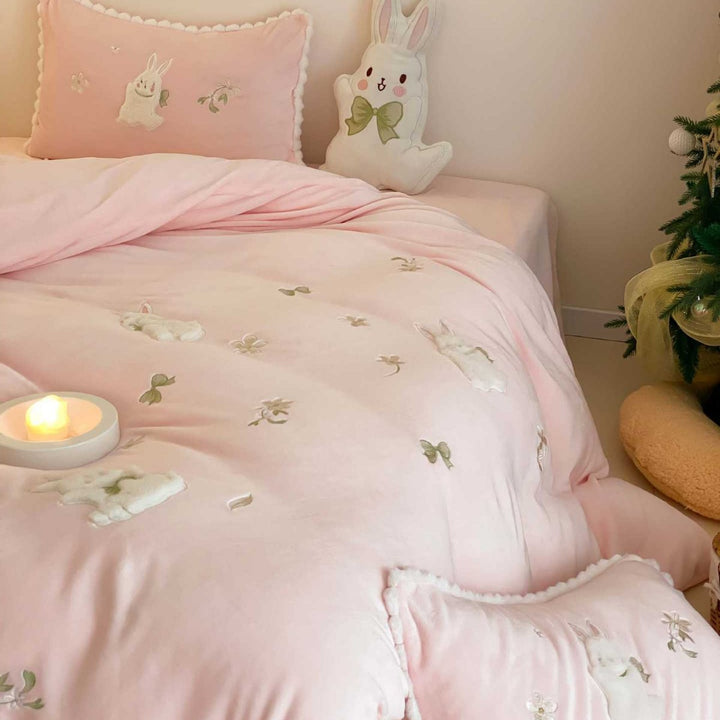 Pastel Embroidered Bunny Plush-Accent Cotton Duvet Cover Set with Scalloped Pillow Shams