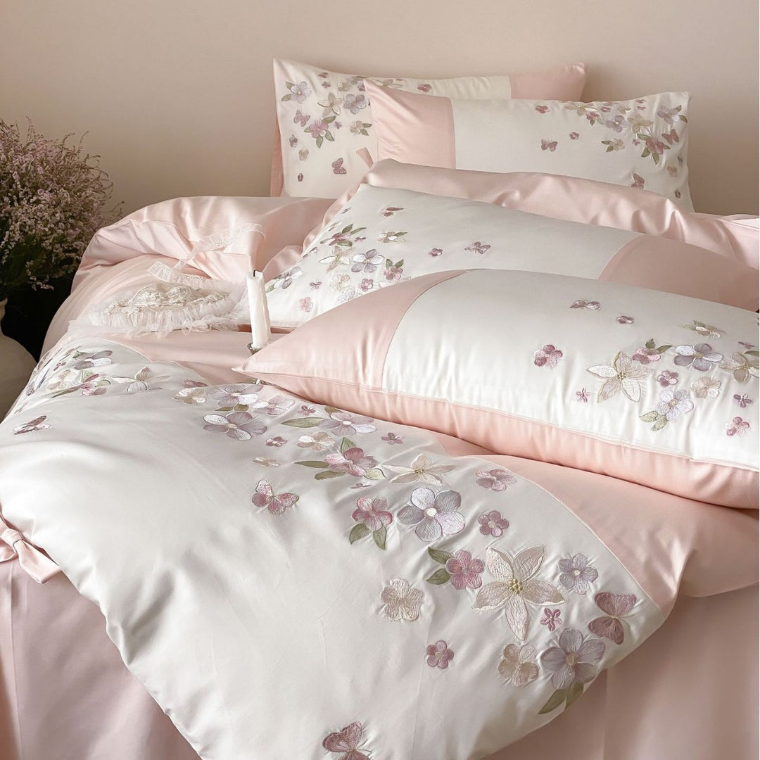 Floral Embroidered Cotton Sateen Duvet Cover Set with Ribbon-Tie Shams
