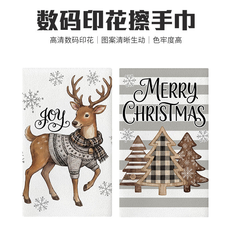Festive Cotton-Linen Kitchen Tea Towel with Christmas Tree Print and Buffalo Check Border