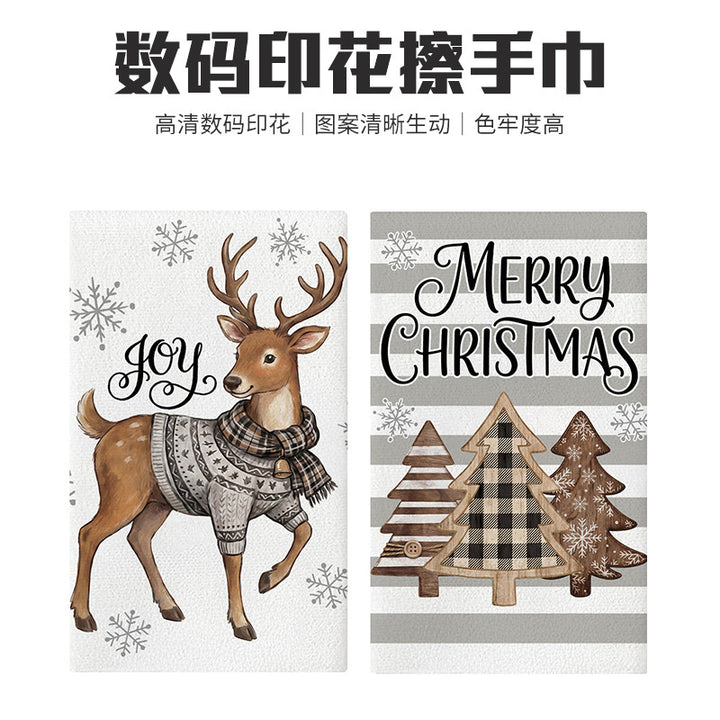 Festive Cotton-Linen Kitchen Tea Towel with Christmas Tree Print and Buffalo Check Border