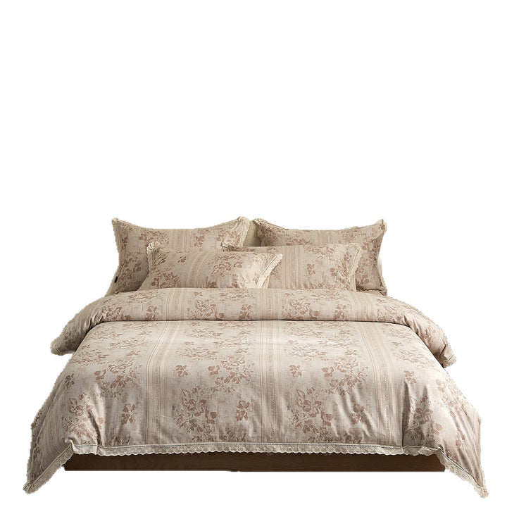 Floral Vintage-Inspired Cotton-Sateen Duvet Cover Set with Scalloped Lace Hem and Matching Shams