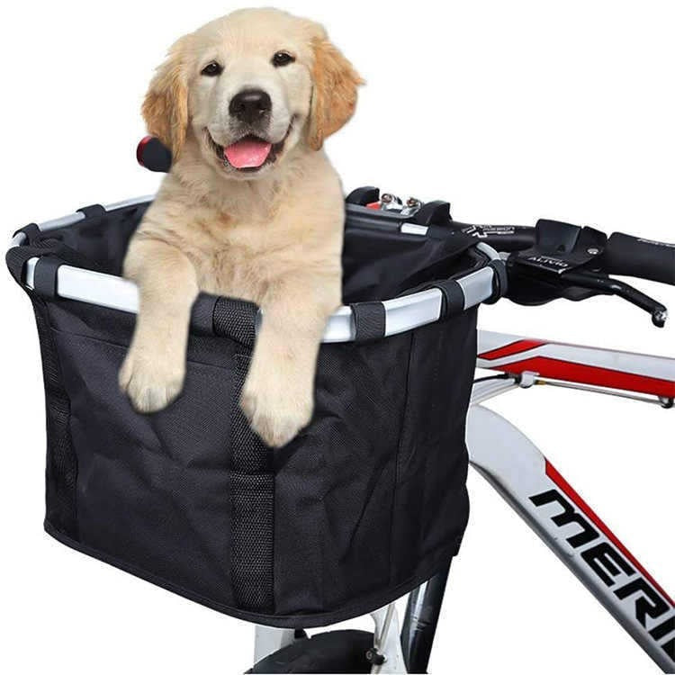 front-mounted collapsible aluminum framed pet bicycle basket with padded base and safety tether Stornfield