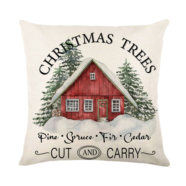 Holiday Linen Throw Pillow Cover with Merry Bright Script and Ribbon Bow Accent