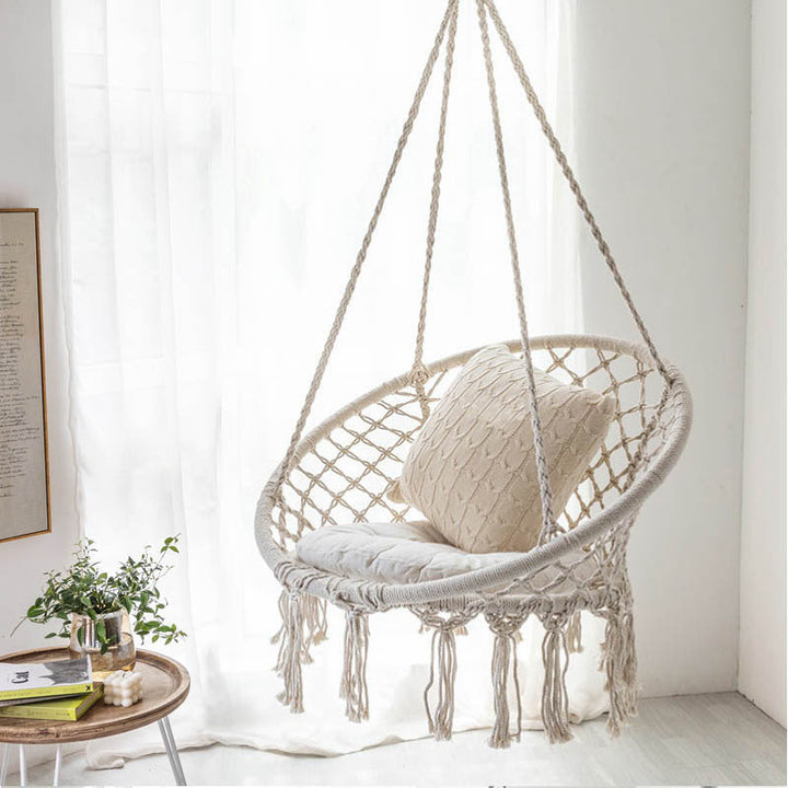 Macrame hanging swing chair boho woven fringe indoor outdoor hammock seat Stornfield