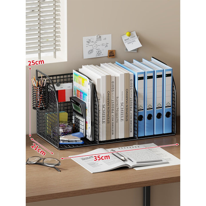 Long Multi-Slot Desktop File and Binder Organizer with Pen and Accessory Holder
