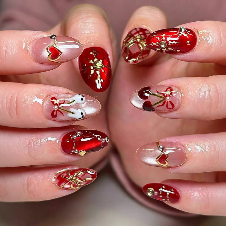 Artistic Press-On Nail Set with Heart and Floral Design Stornfield