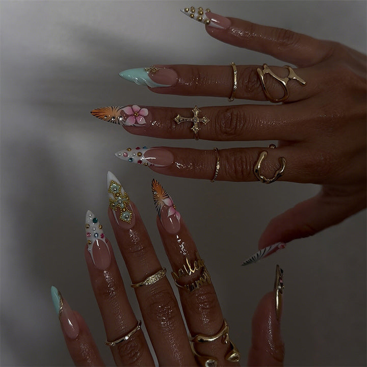 Artistic Decorative Press-On Nail Set with Floral Accents Stornfield