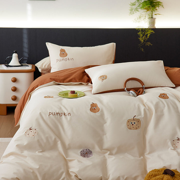 Luxurious cotton bedding set with cherry embroidery and reversible design