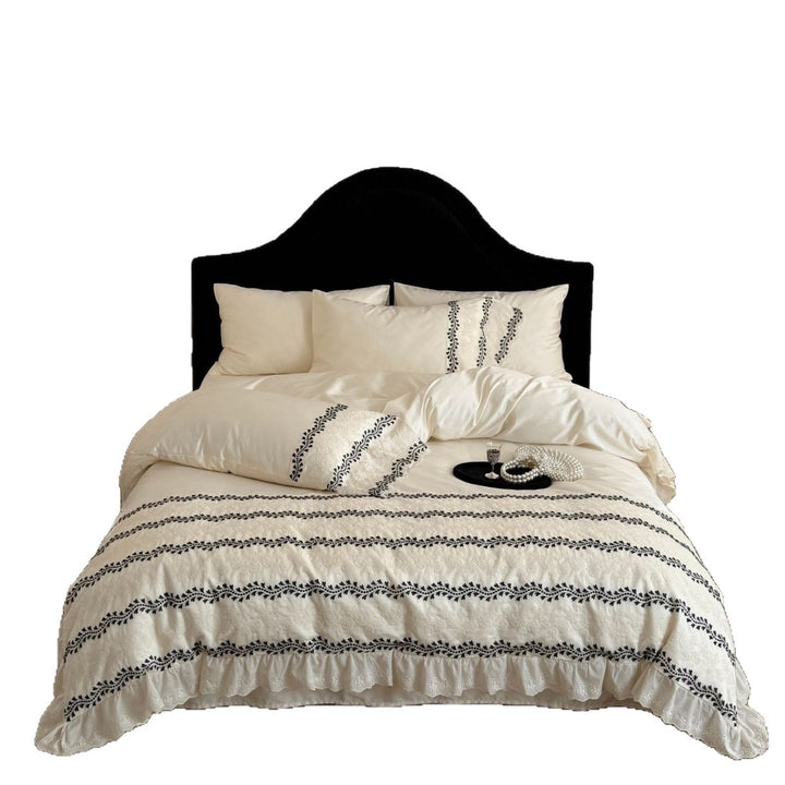Embroidered Cotton Ruffled Duvet Cover Set with Eyelet Lace and Vine Stripe Motif