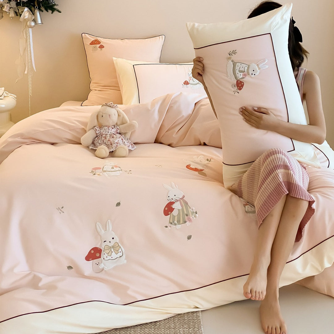 Embroidered Cotton Sateen Bunny and Mushroom Duvet Cover Set with Contrast Piping