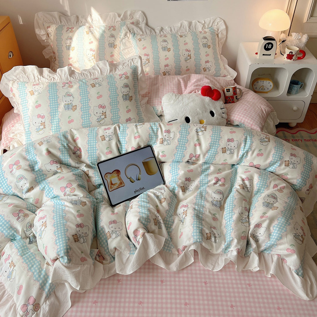Cartoon Plaid Cotton Percale Duvet Cover Set with Ruffled Sham and Reversible Back