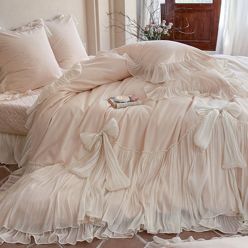 Romantic Ruffled Pleated Duvet Cover Ensemble with Bow-Tie Skirt & Oxford Shams