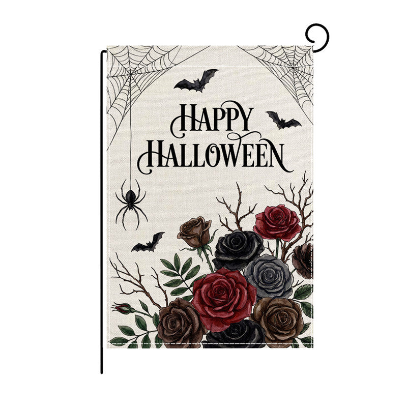 Outdoor Halloween Garden Flag Double-Sided Polyester Yard Banner with Skeleton and Jack-o'-Lantern Illustration
