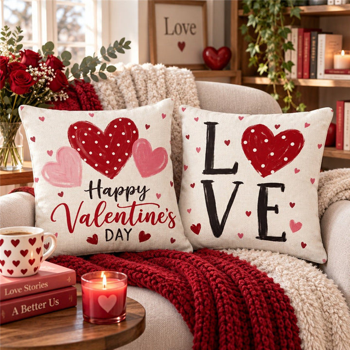 Decorative Cotton-Linen Square Throw Pillow Cover LOVE Heart Print with Hidden Zipper