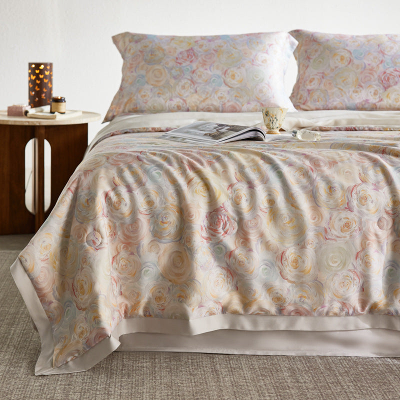 Satin bedding set with pastel watercolor rose pattern